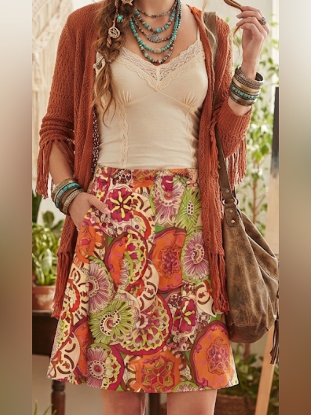 First Option Floral A-Line Skirt Retro Orange Pink  Small